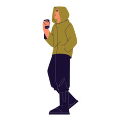 Wall Mural - People in hooded clothes. Young man walking in loneliness. Person standing, hold cup of coffee in hand. Boy wearing autumn urban outfit. Flat isolated vector illustration on white background