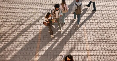 Sticker - University, campus friends and walking with students, outdoor and college plaza in morning. Above group and young people with commute and travel on concrete for school, education and class at academy