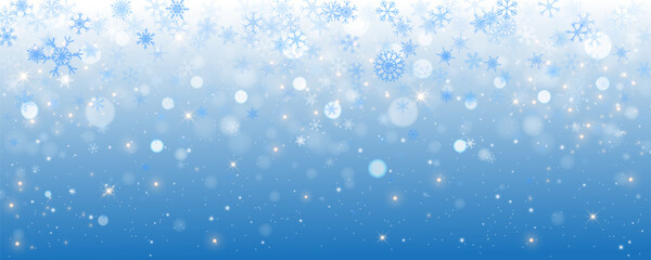 Winter snowflakes background. Icy cold snowfall on light blue backdrop. Magic Christmas sky with crystal stars and bokeh. Vector abstract wallpaper