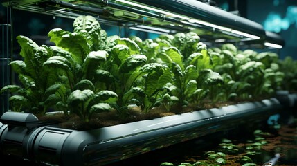 Green eco-friendly hydroponic farm for growing greens and plants in artificial conditions