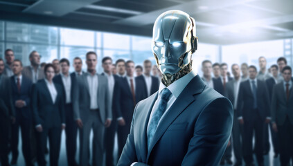 Robot leading a business team. The role of artificial intelligence and technology in shaping the future of corporate offices and team collaboration