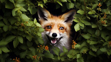 Happy Fox Peeking His Little Head From The Bushes