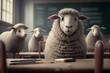 illustration of sheep sit at school in the classroom stupid students .