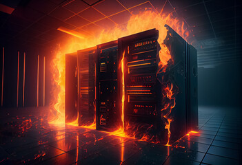 Wall Mural - illustration of data center service on fire puffs of smoke information leak.