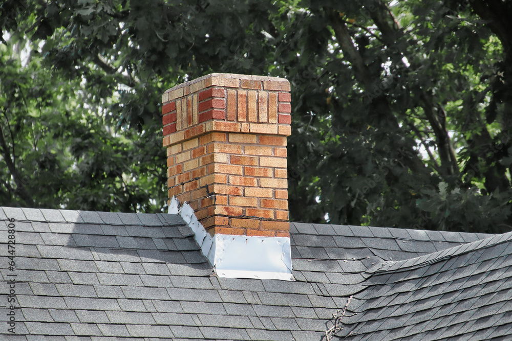 An old chimney on a shingles rooftop.
