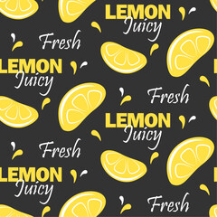 Sticker - Slices of lemon with white and yellow lettering on black background vector seamless pattern. Best for textile, home decor, wallpapers, wrapping paper, package and web design.