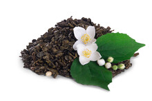 Dried Tea Leaves And Fresh Jasmine Flowers With Green Leaf Isolated On Transparent Background