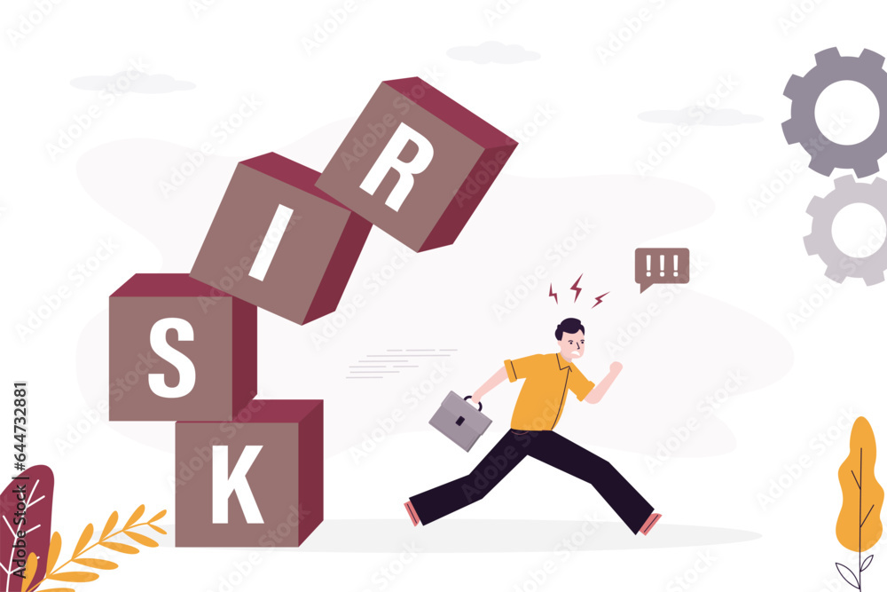Run The Risk Risk management, concept. Businessman run away from unbalanced pyramid ...