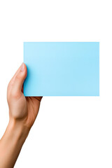 A human hand holding a blank sheet of blue paper or card isolated on white background