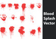 Vector collection of dripping blood different gore splashes, drops and trail isolated on background