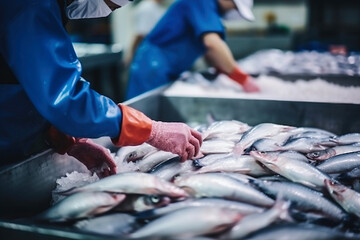 Wall Mural - Fish processing plant. Production Line. People sort the fish moving along the conveyor. Sorting and preparation of fish. Production of canned fish. modern food industry.