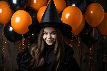 Canvas Print - Happy cheerful little girl dressed as a witch or an evil sorceress in makeup is having fun at the Halloween celebration. Festive costume.