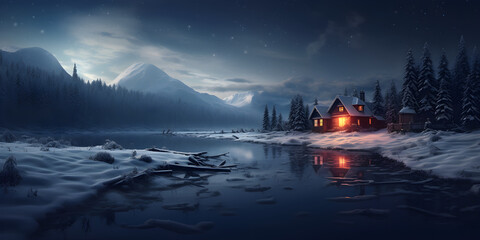 Wall Mural - winter cabin by the lake at night. Christmas panoramic snow landscape, cinematic lighting