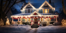 House With Christmas Lights And Decorations On Winter Night