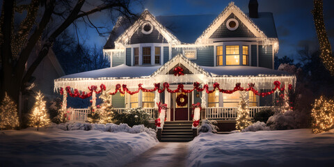 House with Christmas lights and decorations on winter night