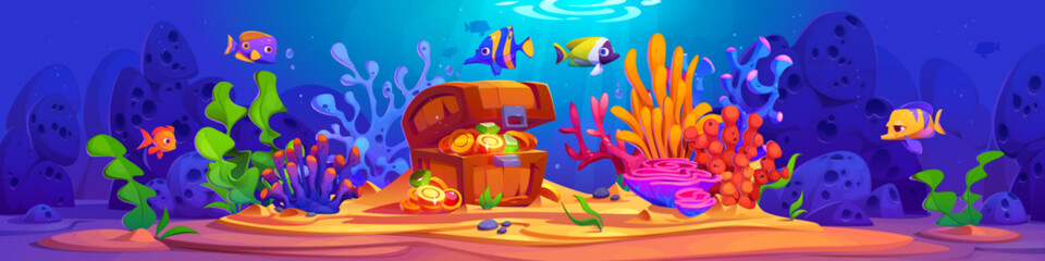 Poster - Bottom under water seafloor scene with treasure chest. Ocean underwater world cartoon game background. Stone, alga, coral and weed aquarium environment design with fish. Oceanic wildlife painting