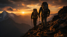 Climbers Walking To The Top Of A Mountain At Sunset