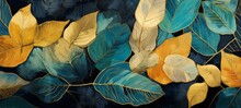 Abstract Watercolor Painted Blue Turquoise Tropical Leaves With Gold Line Art Details And Dark Moody Background Wallpaper Texture Illustration