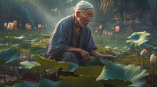 Chinese Man Selecting Lotus.AI Generated