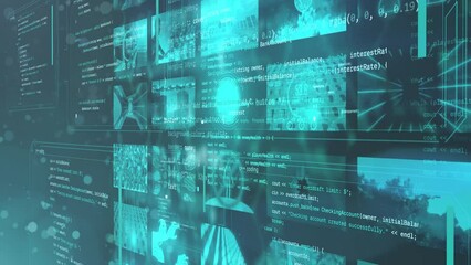 4k modern futuristic collage video animations with programming software code language in front overlay