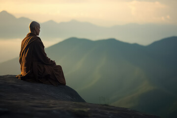 Buddhist monk in meditation on a beautiful sunset background on a high mountain