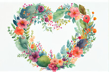 Illustration Of Watercolor Spring Flower Heart Shape Frame With Text Space .