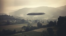 Generative AI, UFO Over The Italian Landscape Vintage Photo, Aliens Witnesses Retro 1930s Style Photography