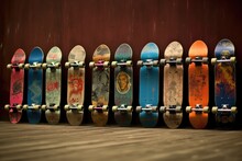 Colorful Collection Of Vintage And Artistic Skateboards On Display