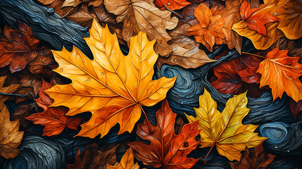 Wall Mural - colorful autumn maple leaves on the ground 
painted illustration