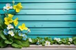blue flowers and yellow narcissus on wooden backgroundblue flowers and yellow narcissus on wooden backgroundblue spring flowers and wooden planks on blue wooden background.