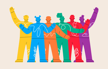 Back view of  man and woman  standing together embracing each other waving. Colorful vector illustration