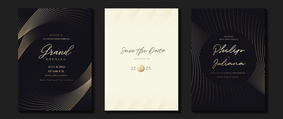 Wall Mural - Luxury invitation card background vector. Golden curve elegant, gold line gradient on dark and light color background. Premium design illustration for gala, grand opening, party invitation, wedding.