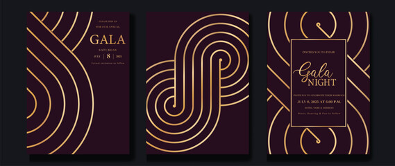 Luxury invitation card background vector. Golden curve elegant, gold line gradient on red color background. Premium design illustration for gala card, grand opening, party invitation, wedding.
