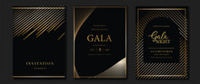Luxury Invitation Card Background Vector. Golden Curve Elegant, Gold Line Gradient On Dark Color Background. Premium Design Illustration For Gala Card, Grand Opening, Party Invitation, Wedding.