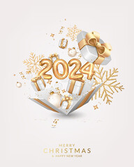 Wall Mural - Christmas and New Year 2024 greeting card with open gift box with numbers, balls, gift boxes, confetti, ribbons and snowflakes