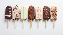 Different chocolate covered ice cream on stick