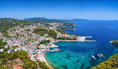 Wall Mural - Aerial view of the town of Patitiri, main harbour of Alonissos island, Sporades, Greece