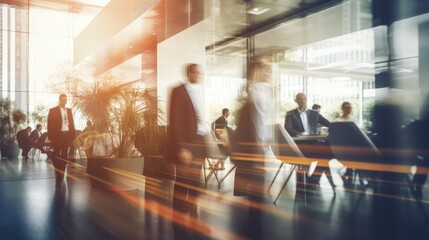 Blurred image of many business people working inside modern office