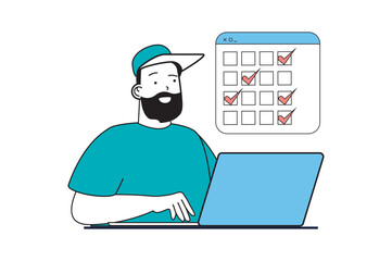 Leinwandbilder - Online survey concept with people scene in flat web design. Man ticking checkbox in questionnaire form and filling checklist at laptop. Vector illustration for social media banner, marketing material.