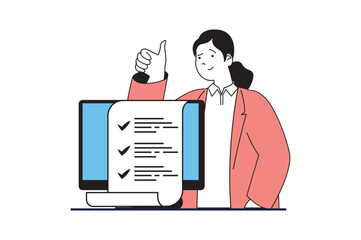 Poster - Online survey concept with people scene in flat web design. Woman filling questionnaire form with user opinion, putting check marks. Vector illustration for social media banner, marketing material.