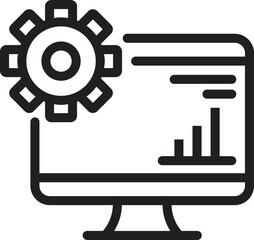 Poster - Black thin line art Cogwheel with Bar Graph in Monitor Screen icon.