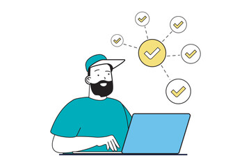 Wall Mural - Productivity workplace concept with people scene in flat web design. Man doing work tasks, finding success solutions and automation. Vector illustration for social media banner, marketing material.