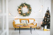 Minimalist Christmas: Bright Room with Christmas Tree and Yellow Sofa