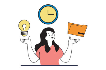 Wall Mural - Productivity workplace concept with people scene in flat web design. Woman brainstorming, doing paperwork and manages her job time. Vector illustration for social media banner, marketing material.