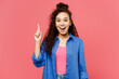 © ViDi Studio - Young insighted smart proactive woman of African American ethnicity she wear blue shirt casual clothes holding index finger up with great new idea isolated on plain pink background. Lifestyle concept.