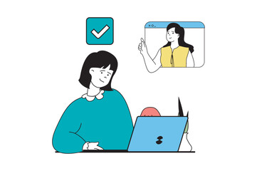 Wall Mural - Productivity workplace concept with people scene in flat web design. Woman briefing colleague and discussing tasks at video calling. Vector illustration for social media banner, marketing material.