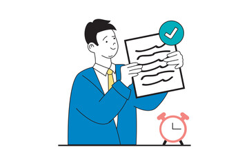 Wall Mural - Productivity workplace concept with people scene in flat web design. Man making paperwork at office and finishing tasks to deadline. Vector illustration for social media banner, marketing material.