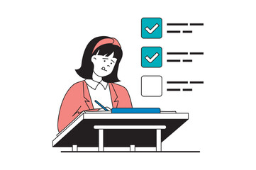 Wall Mural - Productivity workplace concept with people scene in flat web design. Woman doing tasks, managing job processes and workflow at office. Vector illustration for social media banner, marketing material.