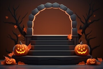 Wall Mural - Black podium shelf or empty pedestal display with pumpkins, spiders, bats on dark Halloween background. Blank stand for showing product. Happy halloween banner mockup. 3D rendering. Generative AI