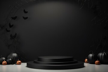 Wall Mural - Black podium shelf or empty pedestal display with pumpkins, spiders, bats on dark Halloween background. Blank stand for showing product. Happy halloween banner mockup. 3D rendering. Generative AI
